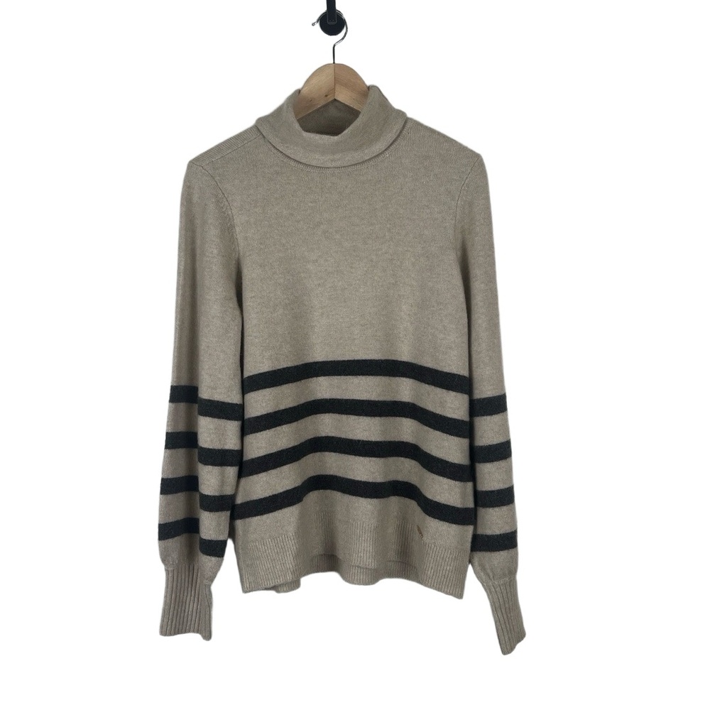 Michael Kors Womens Medium Tan Gray Striped Sweater Quiet Luxury Wool Angora